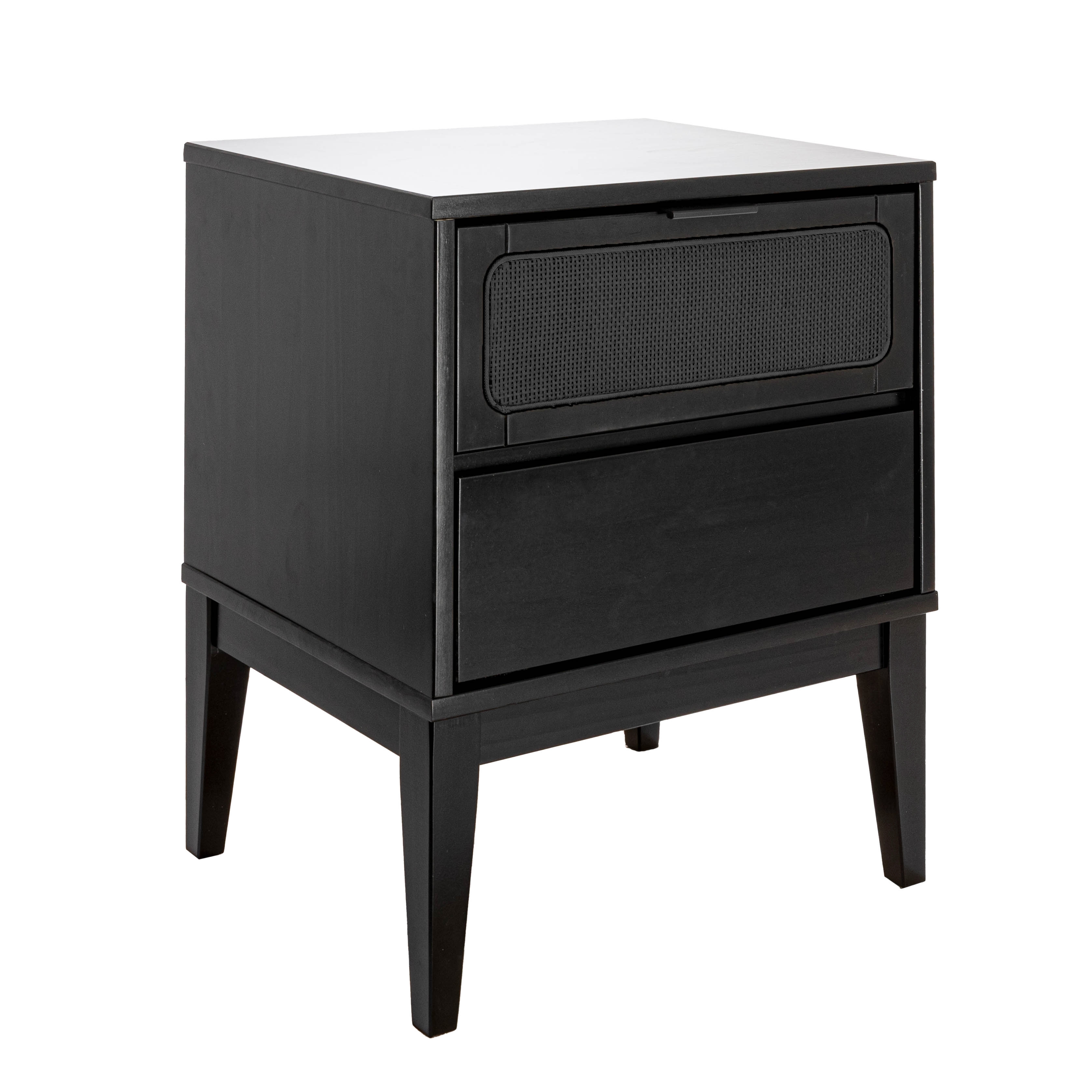 Crawford Nightstand with 2 Storage Drawers and Black Woven Cane Detail, Black Stain Finish - Image 0