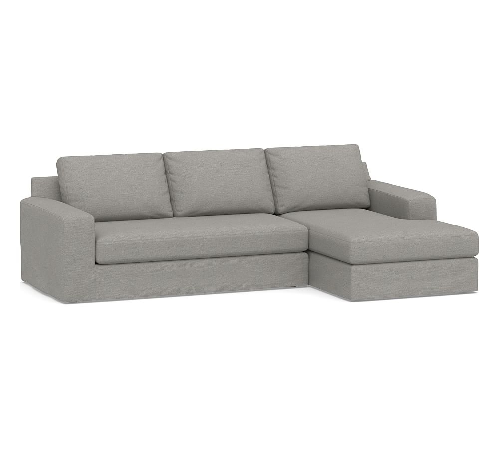 Big Sur Square Arm Slipcovered Left Arm Loveseat with Chaise Sectional and Bench Cushion, Down Blend Wrapped Cushions, Performance Heathered Basketweave Platinum - Image 0