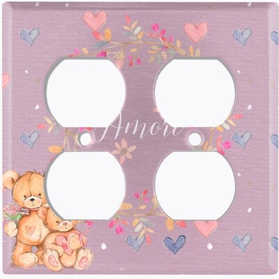 Metal Light Switch Plate Outlet Cover (Teddy Bears Amore Flower Wreath Pink - Double Duplex) - Image 0