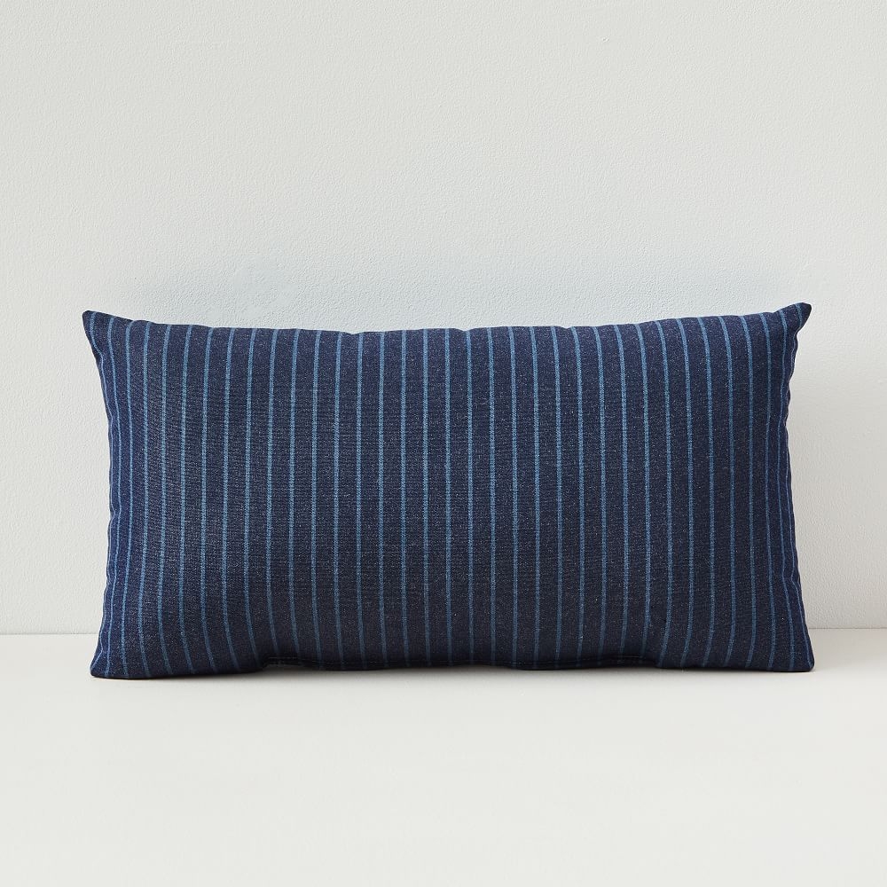 Sunbrella Indoor/Outdoor Striped Lumbar Pillow, Indigo, 12"x21" - Image 0