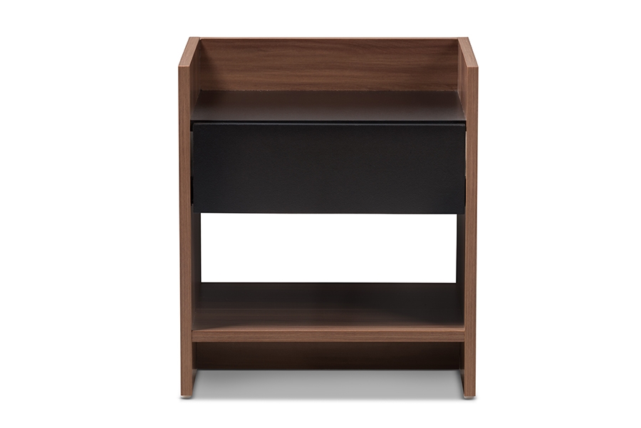 Vanda Modern and Contemporary Two-Tone Walnut and Black Wood 1-Drawer Nightstand - Image 3