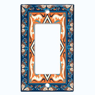 Metal Light Switch Plate Outlet Cover (Orange Floral Tile Blue Frame   - Single Rocker) - Image 0