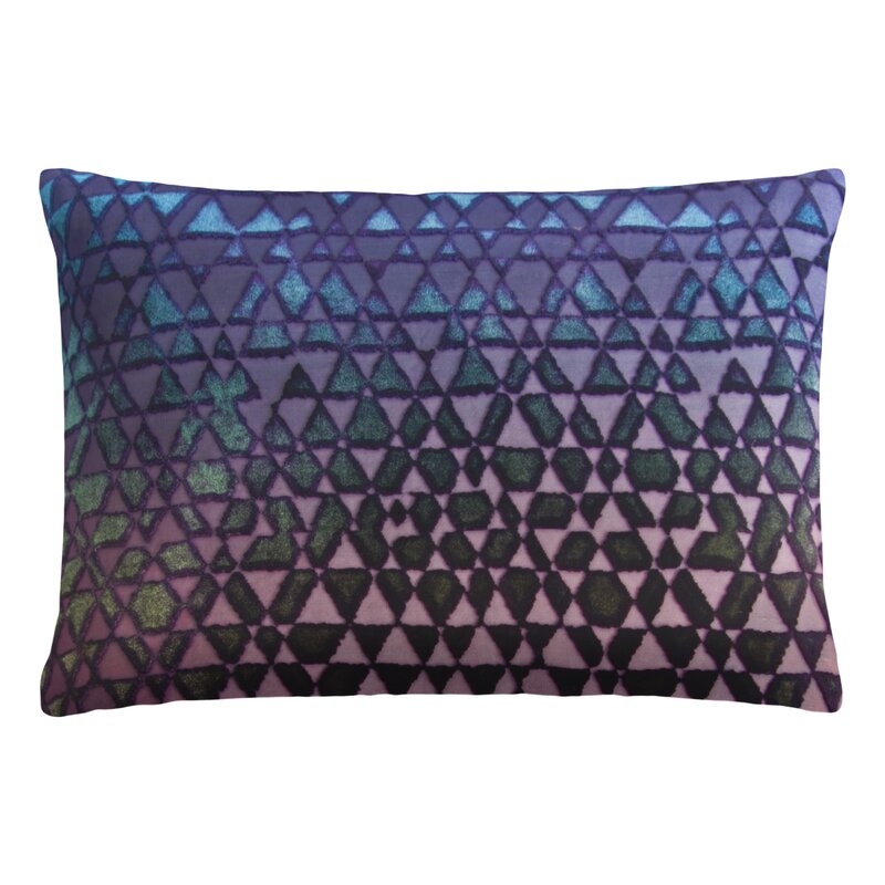 Kevin O'Brien Studio Triangles Velvet Geometric Lumbar Pillow Color: Peacock, Size: 14" x 20" - Image 0
