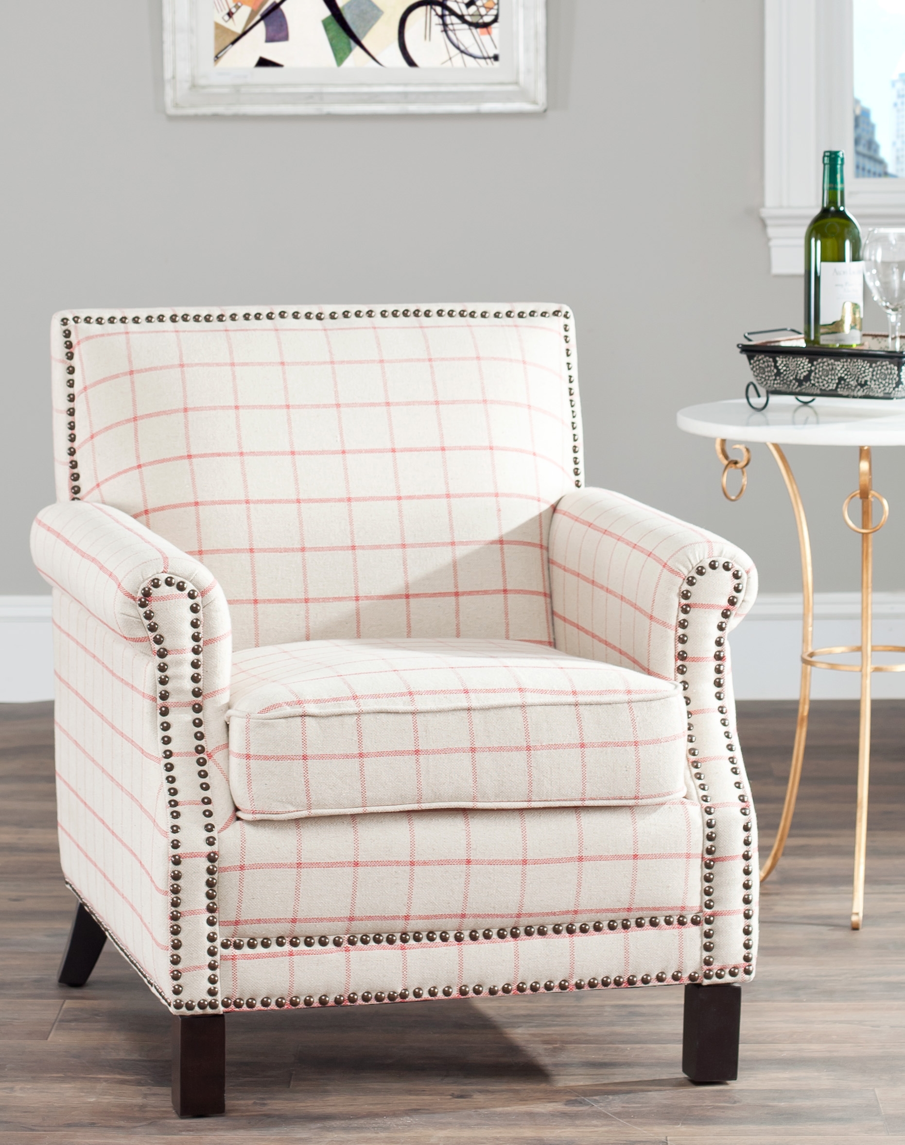 Easton Club Chair In Plaid - Brass Nail Heads - Taupe/Orange/Espresso - Safavieh - Image 5