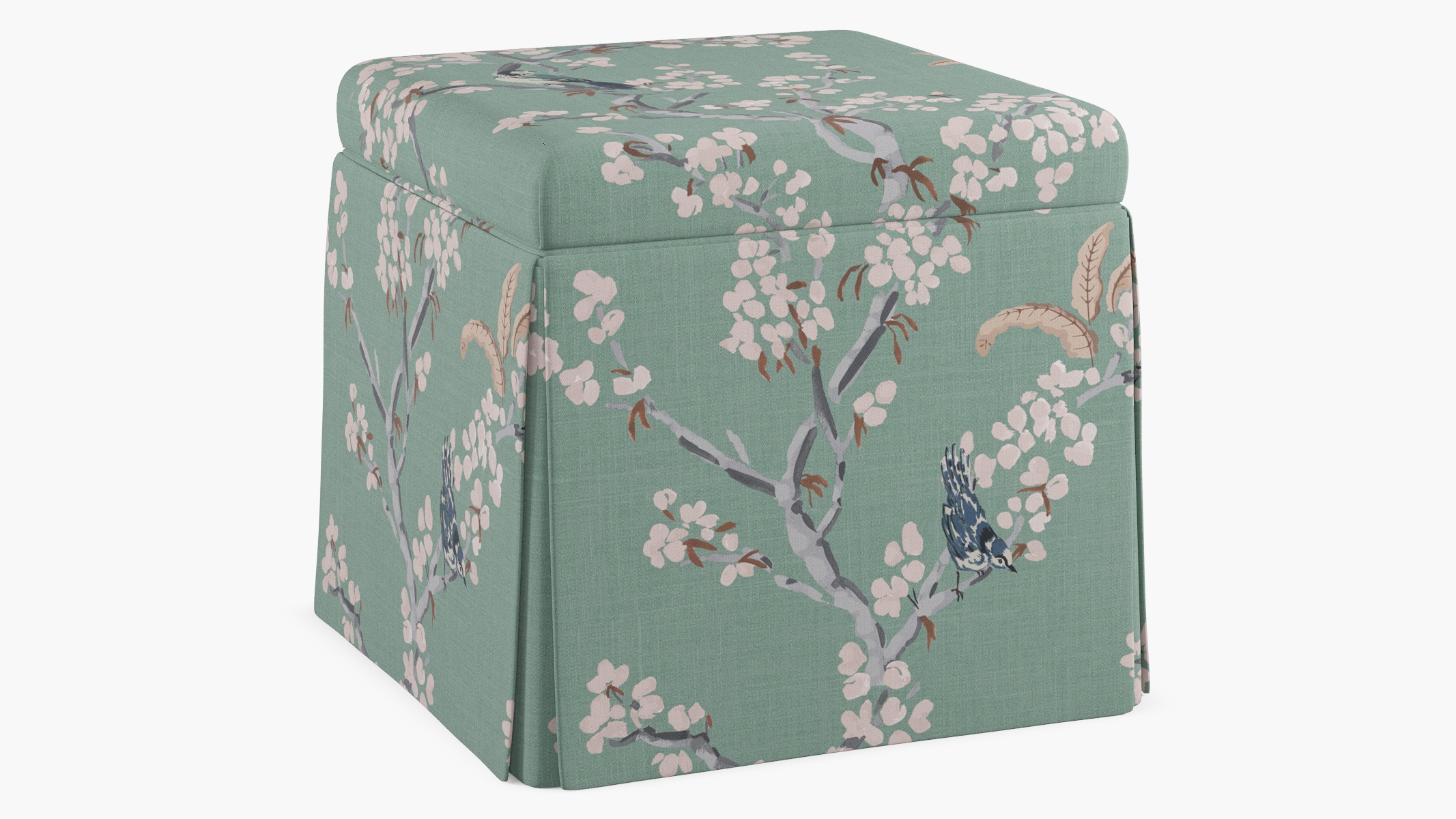 Skirted Storage Ottoman, Mint Cherry Blossom - Image 1