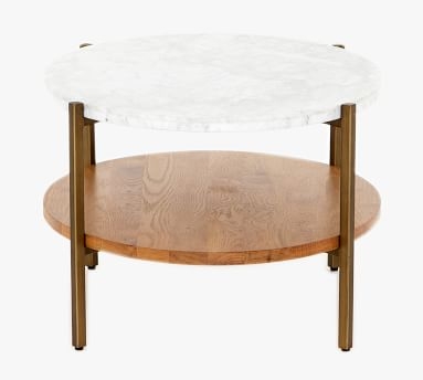 Modern Marble Oval Coffee Table, Natural Oak & Golden Brass - Image 2