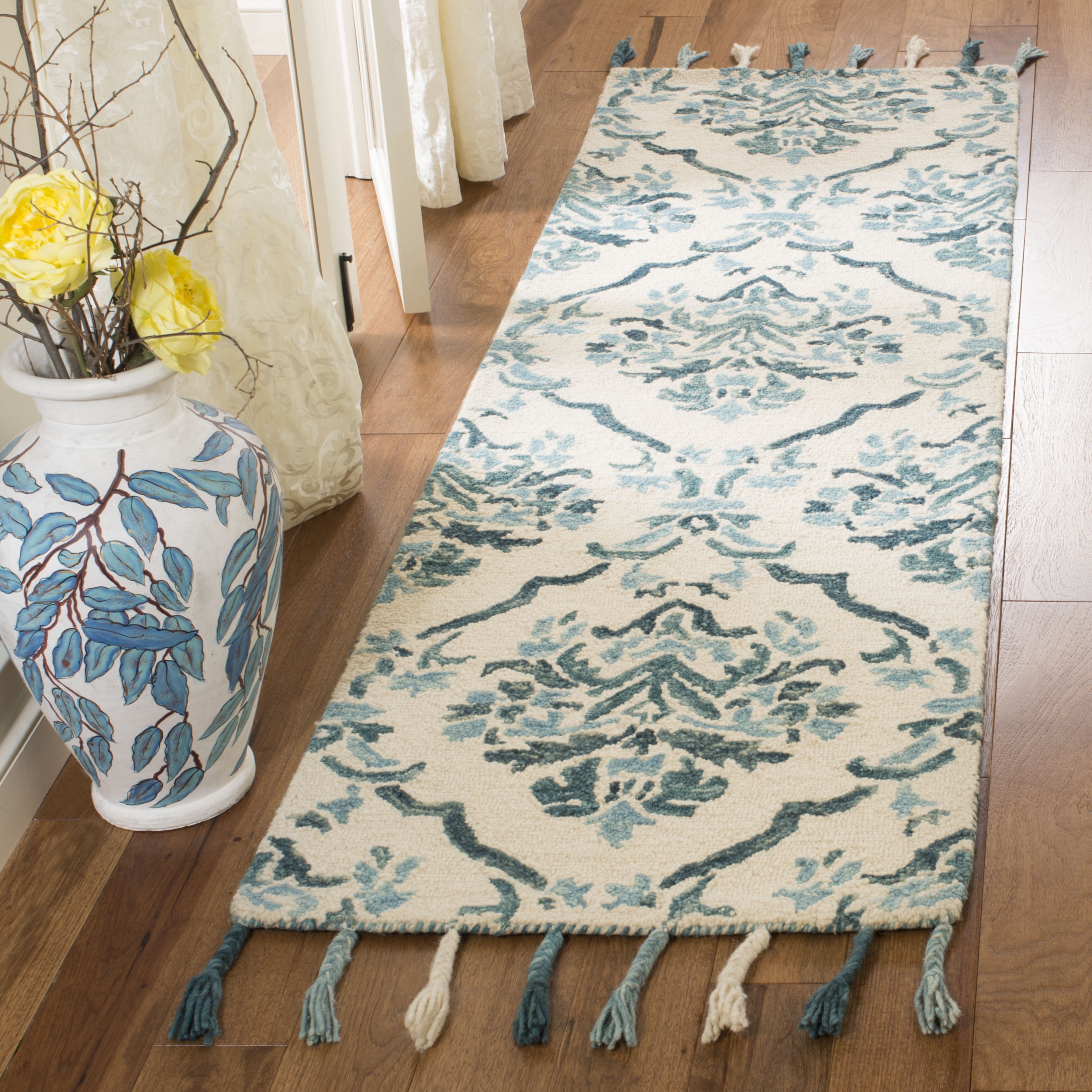 Arlo Home Hand Hooked Area Rug, SZN205A, Ivory/Turquoise,  2' 3" X 8' - Image 1