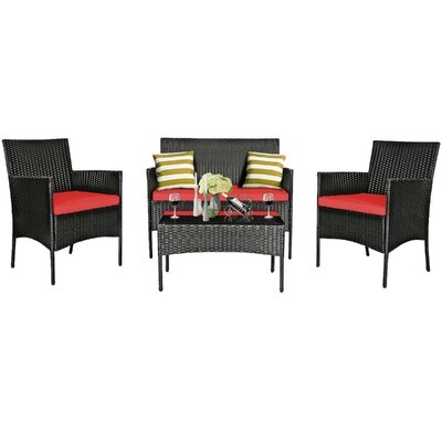 4 Pcs Patio Rattan Cushioned Sofa Furniture Set With Tempered Glass Coffee Table-Red - Image 0