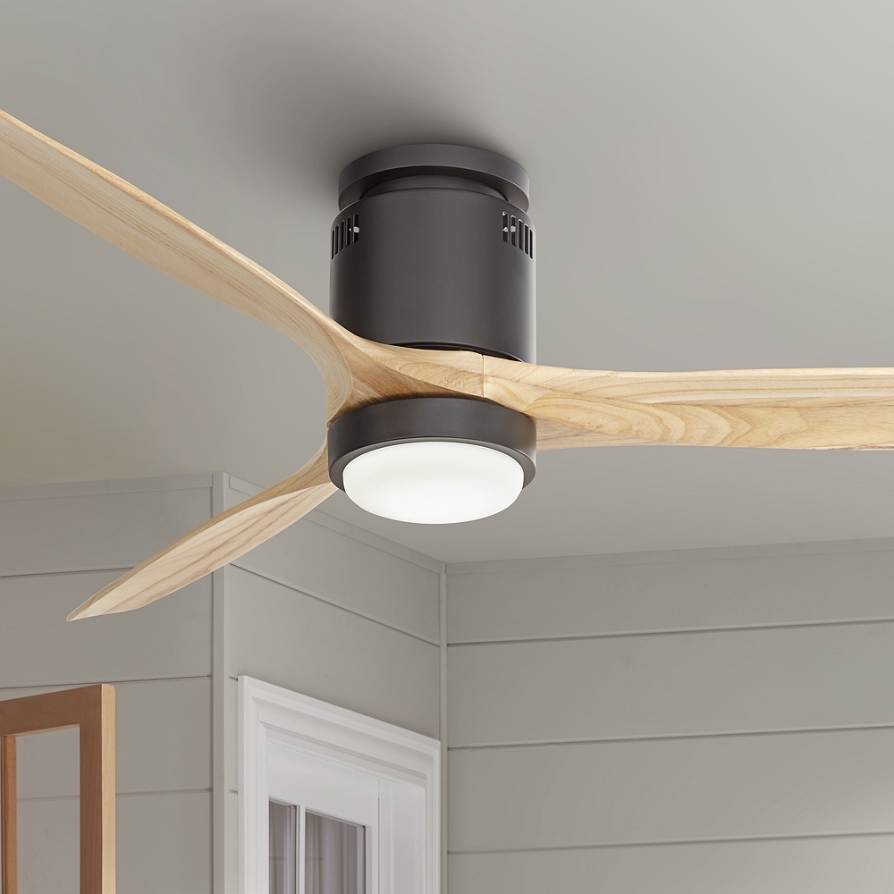 52" Windspun Matte Black-Natural LED DC Hugger Ceiling Fan with Remote - Image 0