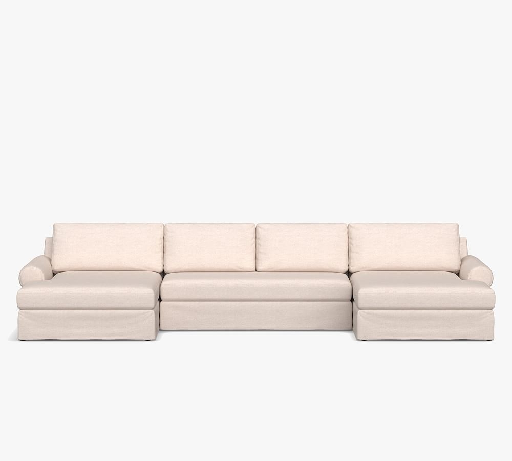 Big Sur Roll Arm Slipcovered U-Double Chaise Grand Sofa Sectional with Bench Cushion, Down Blend Wrapped Cushions, Park Weave Ivory - Image 0