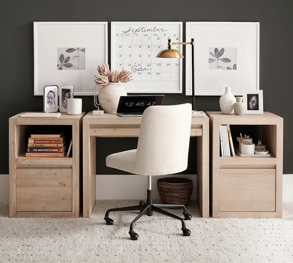Layton Upholstered Rolling Swivel Desk Chair, Black Base, Basketweave Slub Oatmeal - Image 2