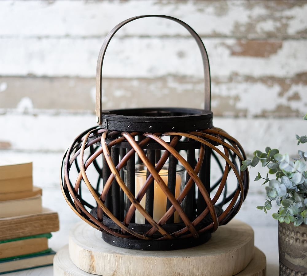 Round Willow Lantern With Wooden Handle, Small, 11.75"W - Image 0