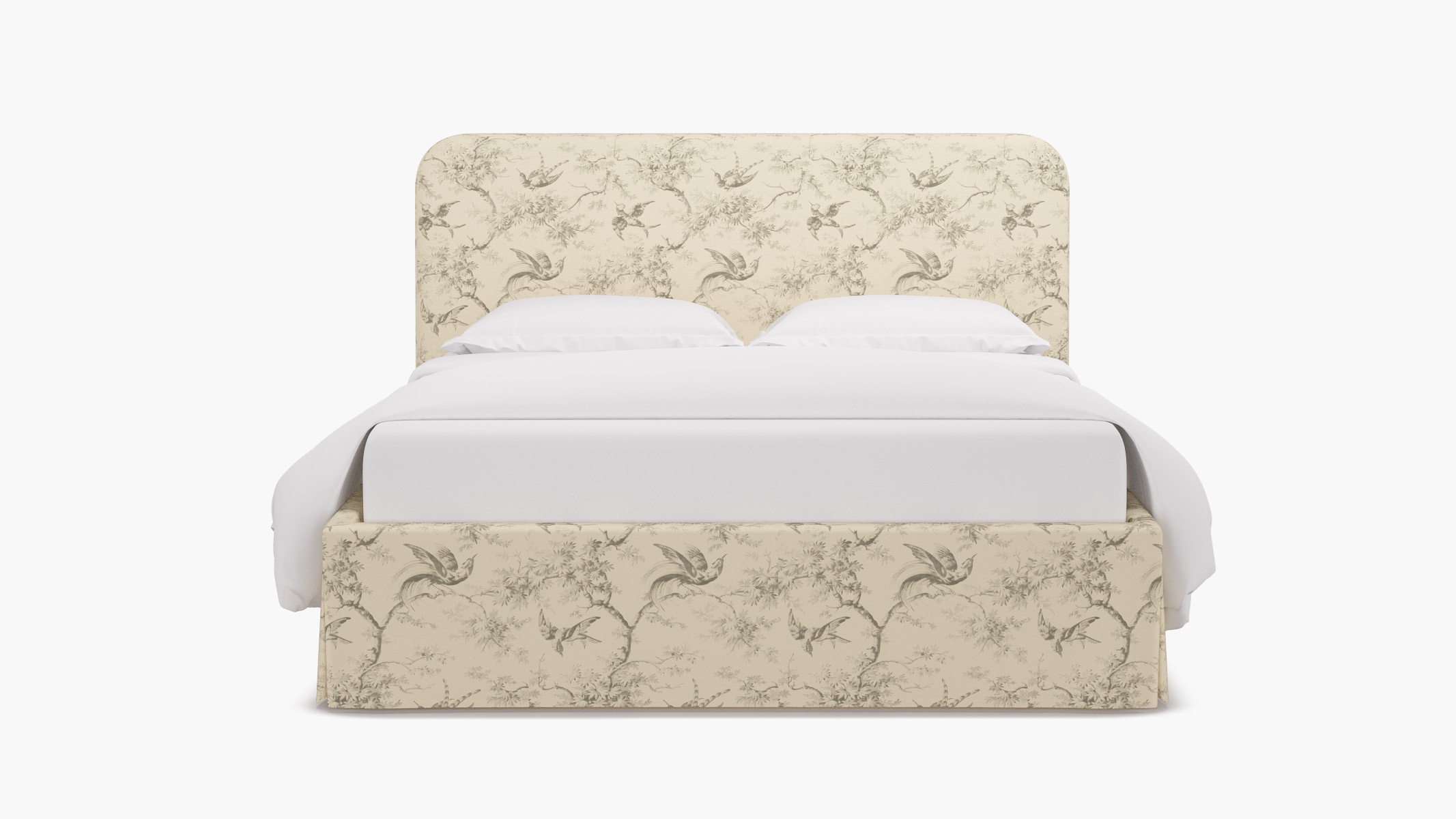 Skirted Platform Bed, Cream Swallows, Queen - Image 0