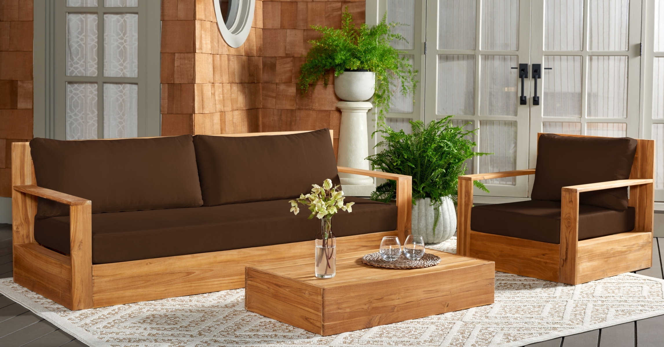 Kauai Brazil Teak Patio Sofa - Natural/Dark Brown - Image 1