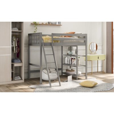 Loft Bed With Storage Shelves, Pine Wooden Loft Bed , No Box Spring Needed ,Twin,White - Image 0