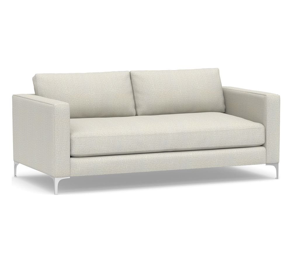 Jake Upholstered Loveseat 70" with Brushed Nickel Legs, Polyester Wrapped Cushions, Performance Heathered Basketweave Dove - Image 0