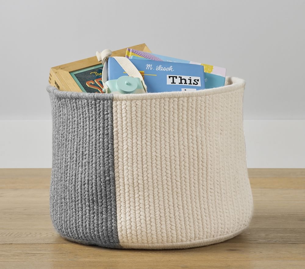 Two Toned Wool Blend Large Basket, Light Gray/Natural - Image 0