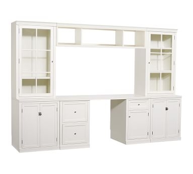Logan Desk with Glass Hutch, 3-Drawer File Cabinet Base &amp; Bridge, Antique White, 110" Wide - Image 3