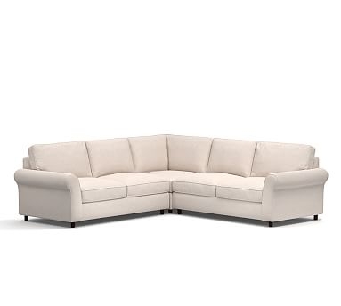 PB Comfort Roll Arm Upholstered 3-Piece L-Shaped Corner Sectional, Box Edge Down Blend Wrapped Cushions, Chenille Basketweave Pebble - Image 1