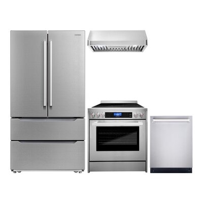 4 Piece Kitchen Package With 30" Freestanding Electric Range 30" Under Cabinet Range Hood 24" Built-in Fully Integrated Dishwasher & Energy Star French Door Refrigerator - Image 0