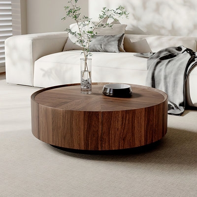 Kemberton Walnut Round Coffee Table with Storage Drawers Black Base - Image 0