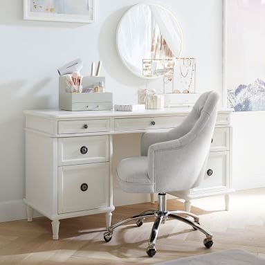 Tufted Swivel Desk Chair, Linen Blend Light Gray - Image 2