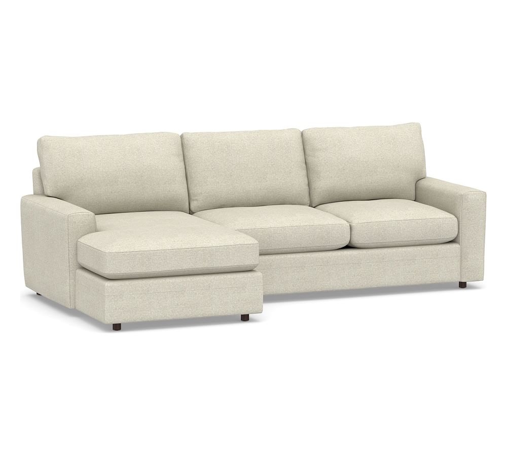 Pearce Modern Square Arm Upholstered Right Arm Loveseat with Chaise Sectional, Down Blend Wrapped Cushions, Performance Heathered Basketweave Alabaster White - Image 0