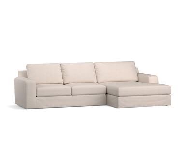 Big Sur Square Arm Slipcovered Right Arm Loveseat with Wide Chaise Sectional and Bench Cushion, Down Blend Wrapped Cushions, Performance Heathered Basketweave Dove - Image 2