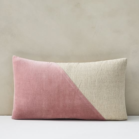 Cotton Linen + Velvet Lumbar Pillow Cover with Down Alternative Insert, Pink Stone, 12"x21" - Image 0