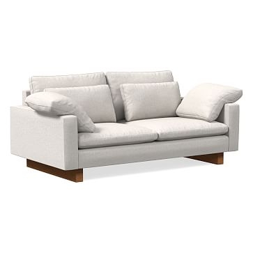 Harmony 76" Sofa, Down Blend, Performance Coastal Linen, White, Dark Walnut - Image 0