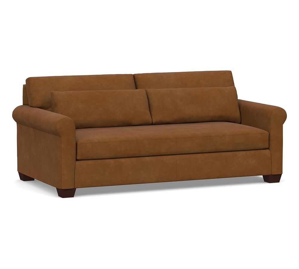York Deep Seat Roll Arm Leather Sofa 83" with Bench Cushion, Polyester Wrapped Cushions, Nubuck Caramel - Image 0