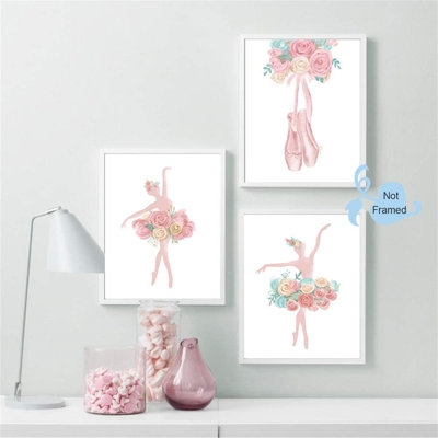 Watercolor Pink Ballet Art Print-- Flower Ballerina With Dancing Shoes Canvas Wall Art--(3Pieces, Unframed)--Perfect For Girl Bedroom Dance Studio Decoration - Image 0