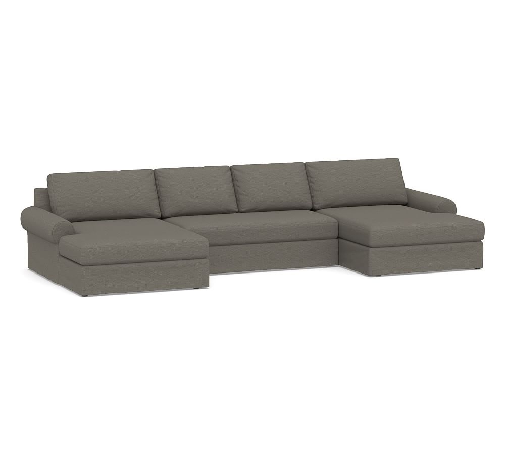 Big Sur Roll Arm Slipcovered U-Double Chaise Loveseat Sectional with Bench Cushion, Down Blend Wrapped Cushions, Chunky Basketweave Metal - Image 0