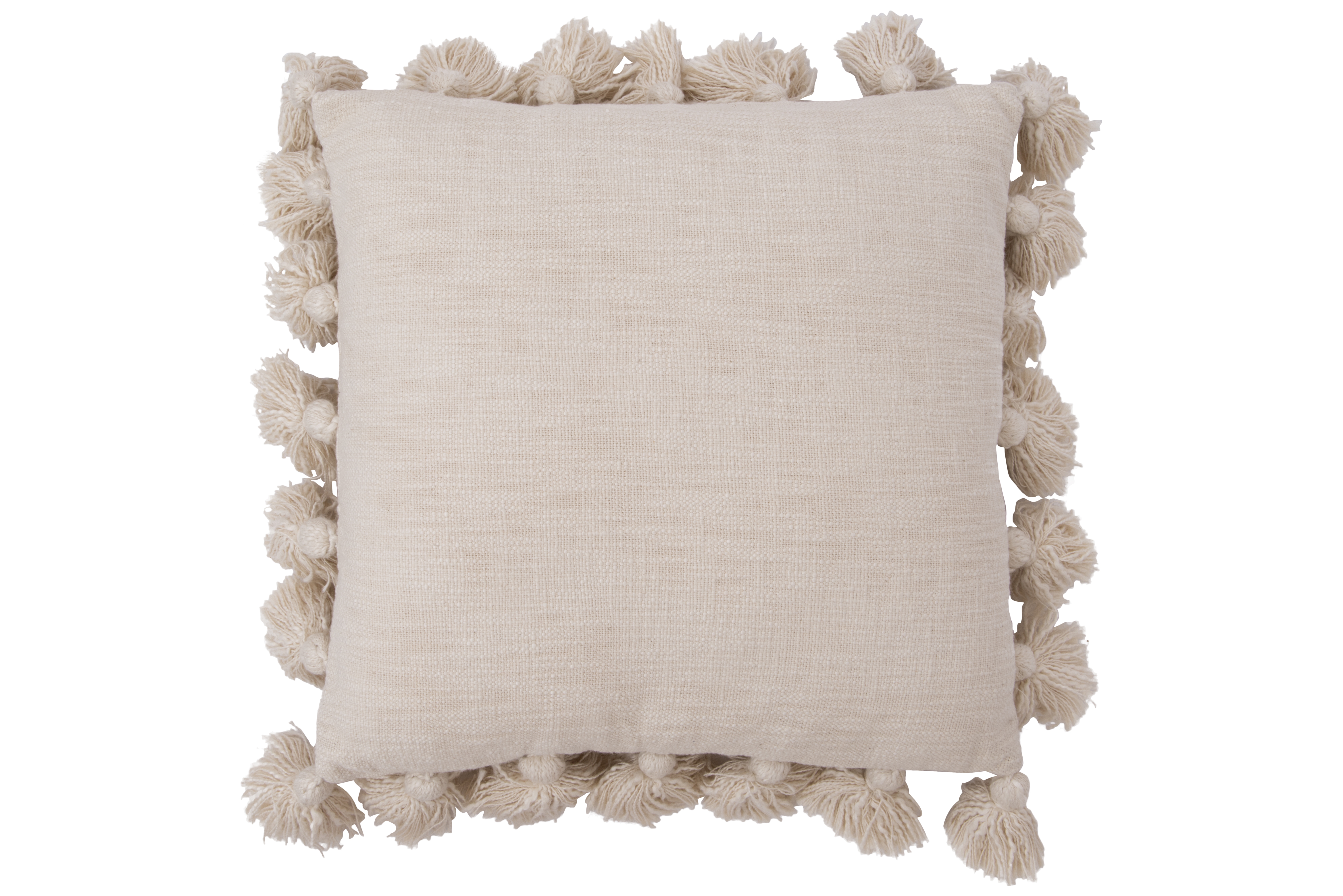 Luxurious Cream Square Cotton Woven Slub Pillow with Tassels - Image 0