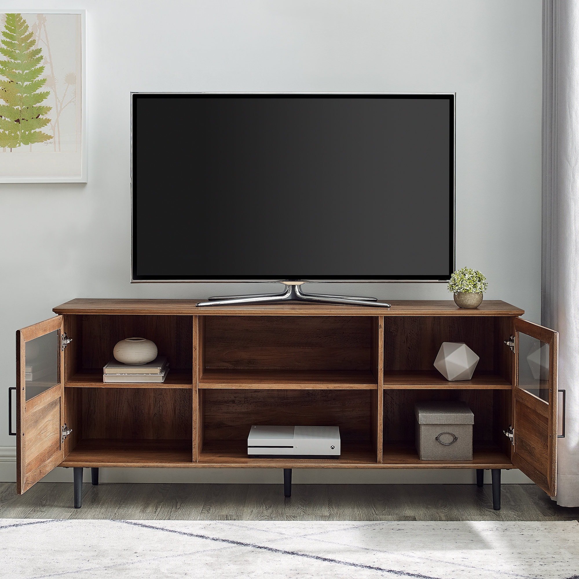Owen 58" Glass and Wood Split Panel Door TV Console - Rustic Oak - Image 6