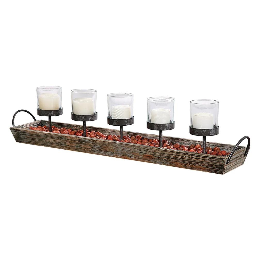 5 Metal Votive Candleholders in Rectangle Wood Tray with Handles - Image 1