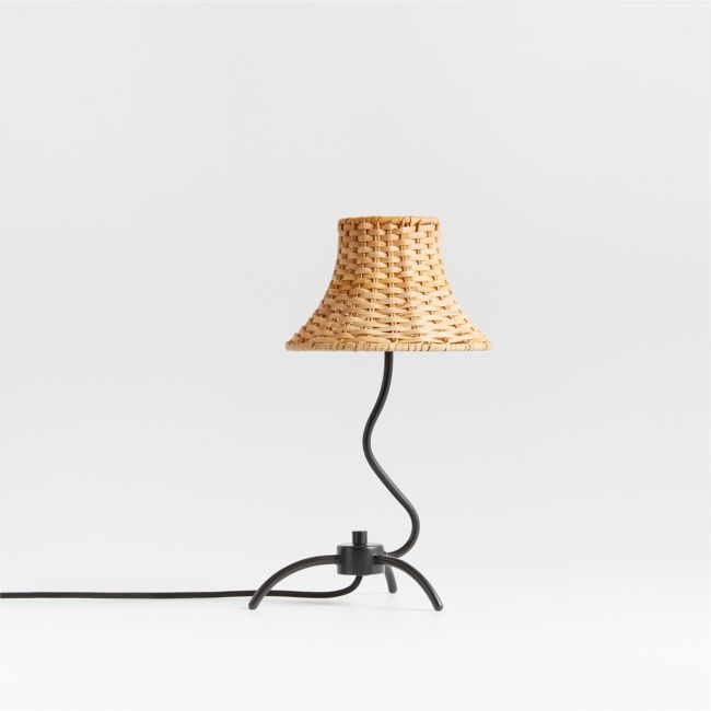 Bibelot Wavy Black Metal Mini Table Lamp with Rattan Shade by Athena Calderone 15.6" - Image 0