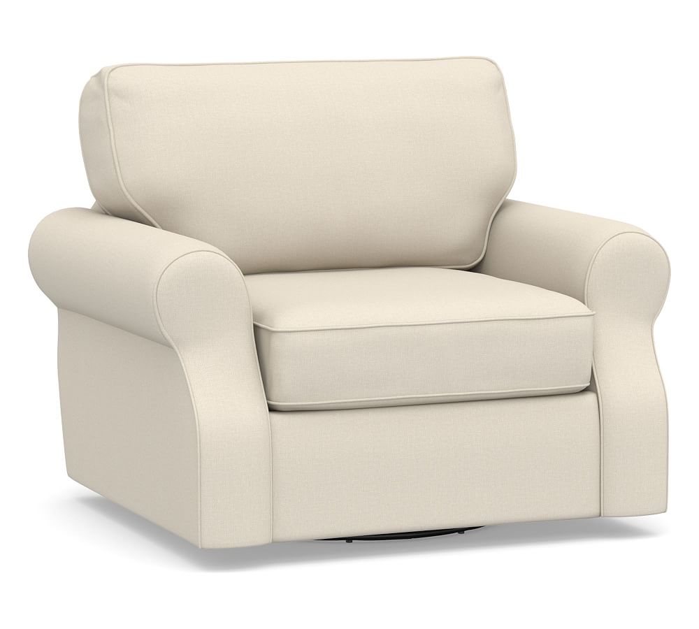 SoMa Fremont Roll Arm Upholstered Swivel Armchair, Polyester Wrapped Cushions, Performance Brushed Basketweave Ivory - Image 0