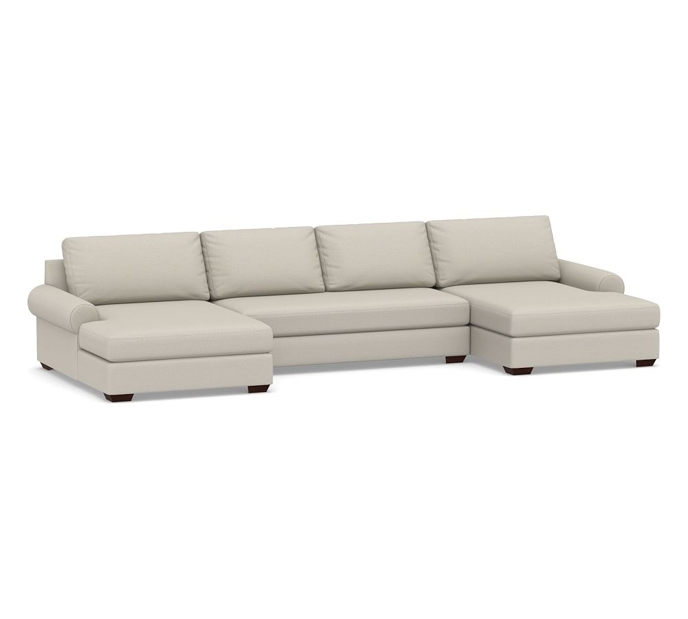 Big Sur Roll Arm Upholstered U-Double Chaise Sofa Sectional with Bench Cushion, Down Blend Wrapped Cushions, Performance Heathered Tweed Pebble - Image 0