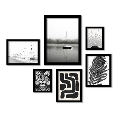 Contemporary Abstract Black and White Boat in Fog by Tanya Shumkina - 6 Piece Picture Frame Print Set on Paper - Image 0