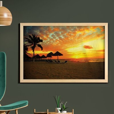 Ambesonne Seaside Wall Art With Frame, Sunset Scene At Beach Resort Silhouette Romantic Honeymoon Vacation Photo Print, Printed Fabric Poster For Bathroom Living Room Dorms, 35" X 23", Orange Yellow - Image 0