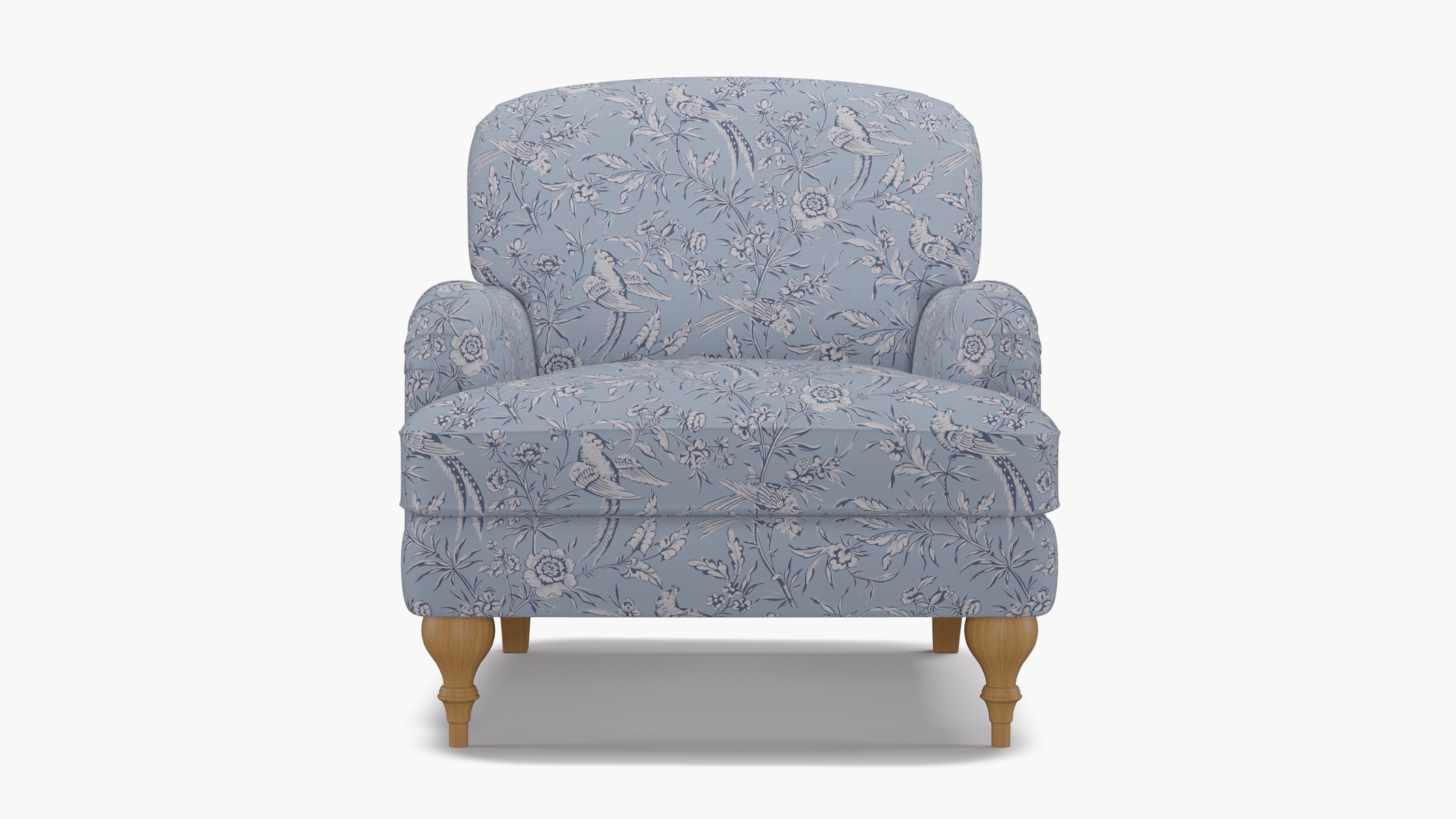 English Roll Arm Chair, Blue Aviary, Natural Turned Wood Leg - Image 0