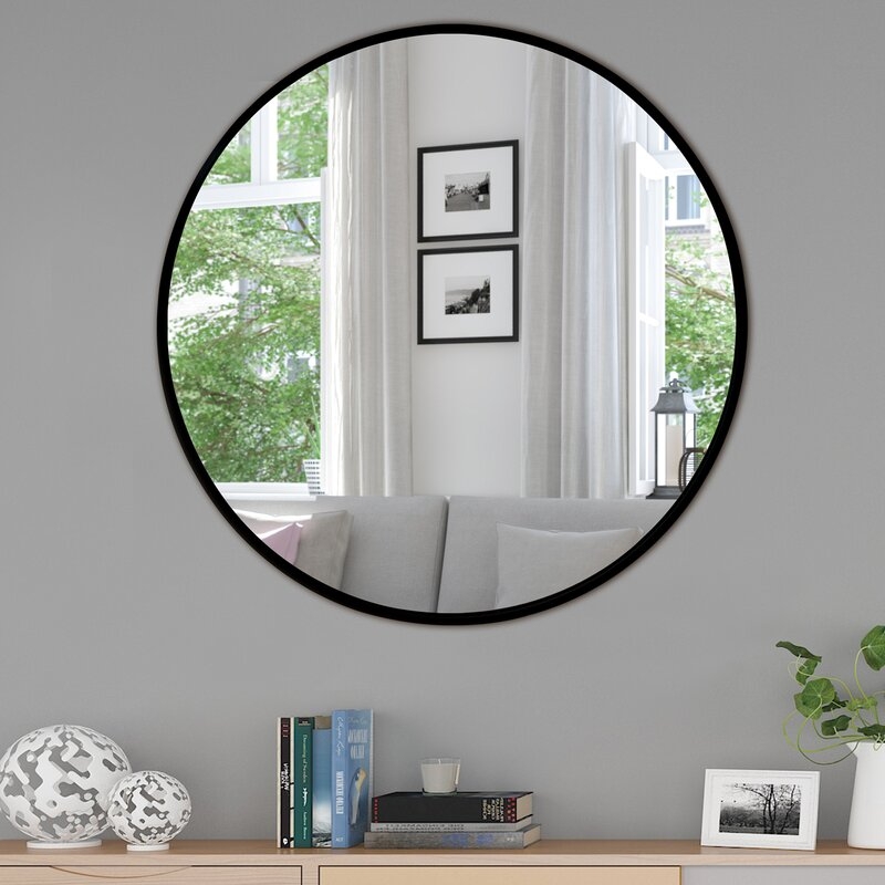 Wall-Mounted Aluminum Frame Round Mirror, Black, 32" - Image 1