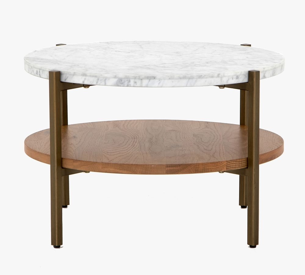 Modern Marble Round Coffee Table, Natural Oak & Golden Brass - Image 0