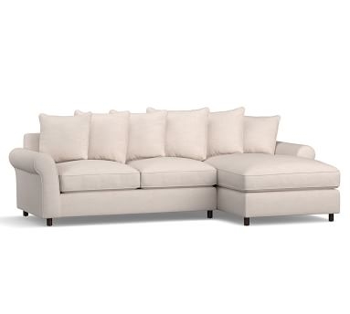 PB Comfort Roll Arm Upholstered Left Arm Loveseat with Chaise Sectional, Box Edge Down Blend Wrapped Cushions, Performance Brushed Basketweave Sand - Image 1