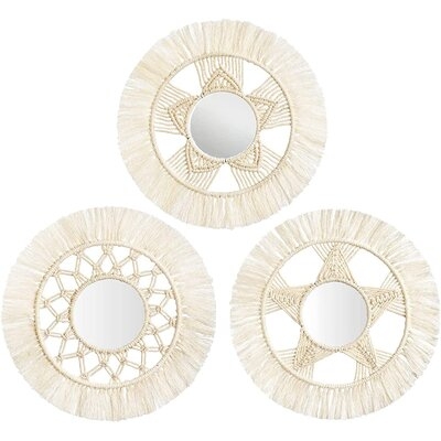 Mini Round Wall Mirror With Macrame Fringe Set Of 3 Small Wall Hanging Circle Mirror Boho Home Decor For Apartment Living Room Bedroom Baby Nursery,Beautiful Gift Ideas, 2.7''D, X-Small - Image 0