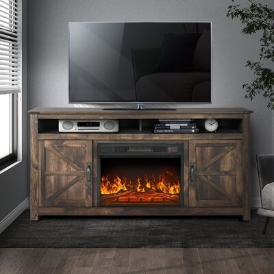 Farmhouse Barn Door TV Stand With Electric Fireplaces For Tvs Up To 65 Inch,Entertainment Center And Media Console With 2 Storage Cabinets And Open Shelves For Living Room (Light Oak) - Image 0