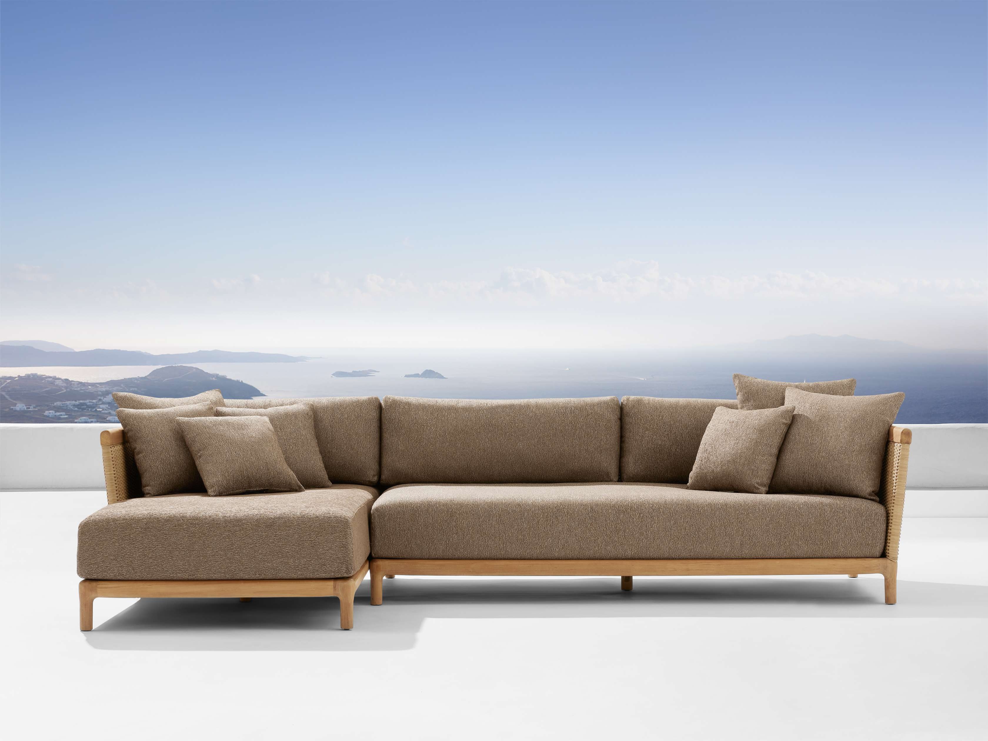 Puglia Outdoor Two-Piece Sectional with Chaise Teak in Natural  Adrian Cocoa/Left Arm - Image 0