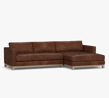 Jake Leather Right Arm Loveseat with Wide Chaise Sectional, Bench Cushion and Wood Legs, Down Blend Wrapped Cushions, Legacy Taupe - Image 2