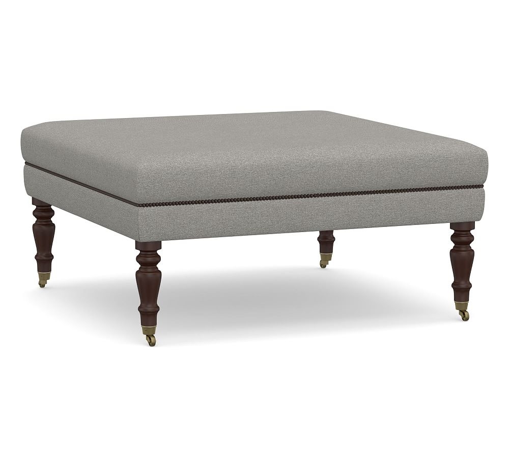 Raleigh Upholstered Tufted Square Ottoman with Turned Mahogany Legs & Bronze Nailheads, Performance Heathered Basketweave Platinum - Image 0